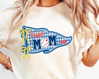 Comfort Colors® Custom Baseball Mom Shirt, Custom Pennant Design,  Gingham Pennant Baseball Mom Tee, Preppy Baseball Mama Tee