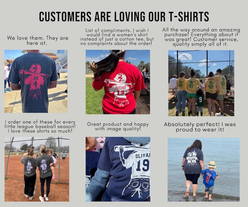 Pode incluir: Uma cole&ccedil;&atilde;o de camisetas com gr&aacute;ficos tem&aacute;ticos de beisebol. As camisas s&atilde;o em v&aacute;rias cores, incluindo azul marinho, vermelho e amarelo. O texto nas camisas inclui nomes e n&uacute;meros. A imagem tamb&eacute;m inclui depoimentos de clientes.