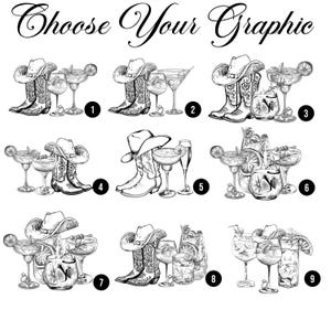 May include: Nine different black and white illustrations of cowboy boots and cocktails. Each illustration features a different combination of boots and cocktails. The illustrations are numbered 1 through 9.