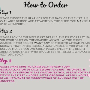 Pode incluir: Um gr&aacute;fico cinza claro com as palavras "How to Order" em uma fonte manuscrita. A imagem detalha os passos para encomendar uma camisa personalizada, incluindo a escolha de gr&aacute;ficos, o fornecimento de detalhes e a revis&atilde;o da personaliza&ccedil;&atilde;o.