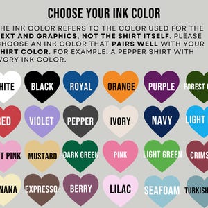 May include: A color chart with heart-shaped color swatches, each labeled with a color name. Colors include white, black, royal blue, orange, purple, forest green, red, violet, pepper, ivory, navy, light blue, light pink, mustard, dark green, pink, light green, crimson, banana, expresso, berry, lilac, seafoam, and turkish blue.