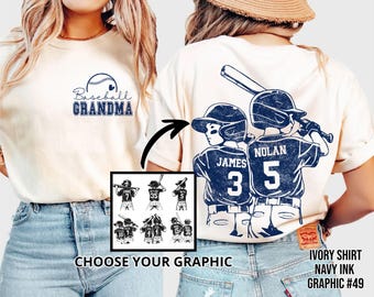 Camiseta de béisbol personalizada Comfort Colors© para abuela, elige el gráfico del jugador de béisbol, camiseta de béisbol con tu nombre y número, camiseta para el día del partido para abuela.