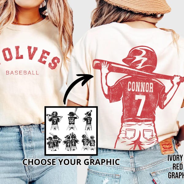 Camiseta personalizada Comfort Colors© para mães de jogadores de beisebol, escolha sua estampa de jogador de beisebol, camiseta de beisebol com seu nome e número, camiseta personalizada com o nome do time de beisebol.