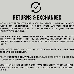 May include: A light grey graphic with the text "RETURNS & EXCHANGES" in bold black font. The text details the return policy for misprinted, damaged, or incorrectly sized items. It also advises customers to check their order upon arrival.