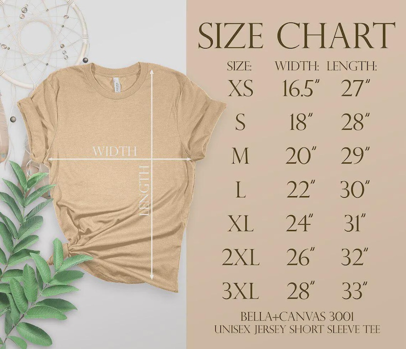 Pode incluir: Uma camiseta unissex de manga curta em jersey Bella+Canvas 3001 bege com uma tabela de tamanhos. A tabela lista os tamanhos XS a 3XL, com as medidas de largura e comprimento correspondentes em polegadas. A camisa &eacute; exibida com medidas de largura e comprimento.