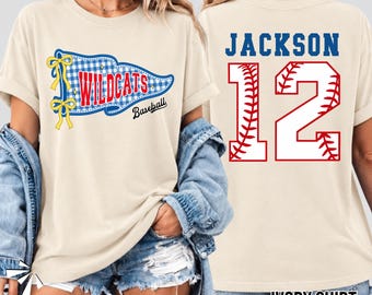 Comfort Colors® Custom Baseball Team Name, Custom Pennant Design, Gingham Pennant Baseball Mom Tee, Preppy Baseball Mama Tee