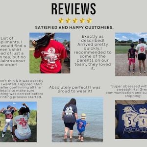 May include: A collage of customer reviews featuring photos of people wearing custom baseball-themed t-shirts and sweatshirts with names and numbers on the back. The text includes REVIEWS, SATISFIED AND HAPPY CUSTOMERS, and various customer testimonials.