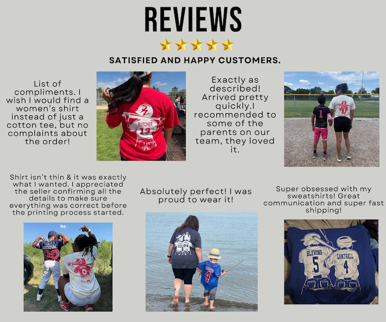 May include: A collage of customer reviews featuring photos of people wearing custom baseball-themed t-shirts and sweatshirts with names and numbers on the back. The text includes REVIEWS, SATISFIED AND HAPPY CUSTOMERS, and various customer testimonials.