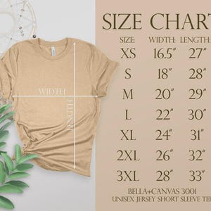 May include: A tan Bella+Canvas 3001 unisex jersey short sleeve tee shirt with a size chart. The chart lists sizes XS to 3XL, with corresponding width and length measurements in inches. The shirt is displayed with measurements for width and length.