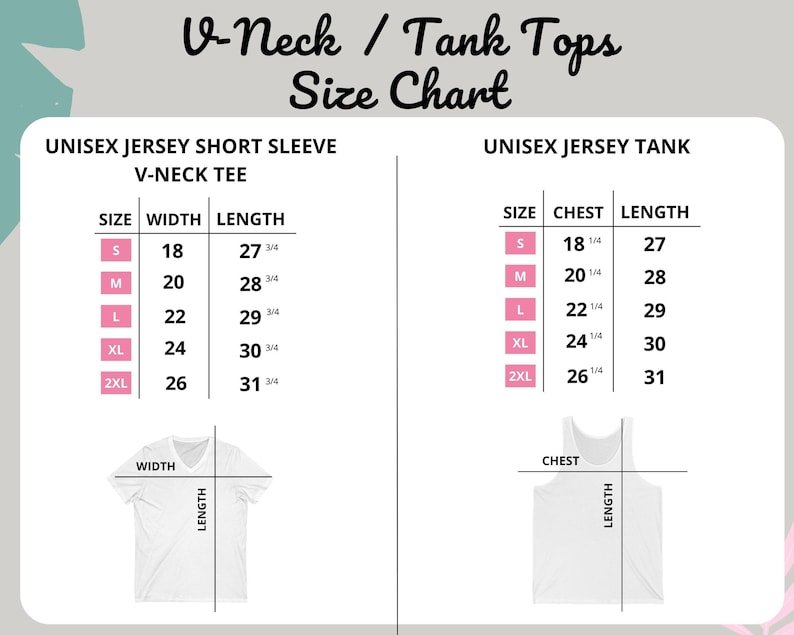 Pode incluir: Tabela de tamanhos para camisetas com decote em V e regatas unissex. A tabela mostra as medidas para os tamanhos S, M, L, XL e 2XL. As medidas das camisetas com decote em V incluem largura e comprimento em cent&iacute;metros.