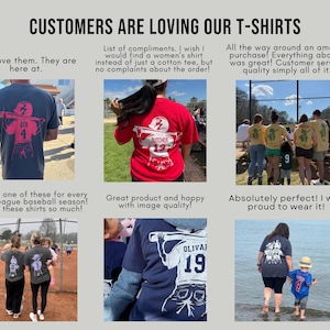 May include: A collection of t-shirts with baseball-themed graphics. The shirts are in various colors, including navy, red, and yellow. The text on the shirts includes names and numbers. The image also includes customer testimonials.