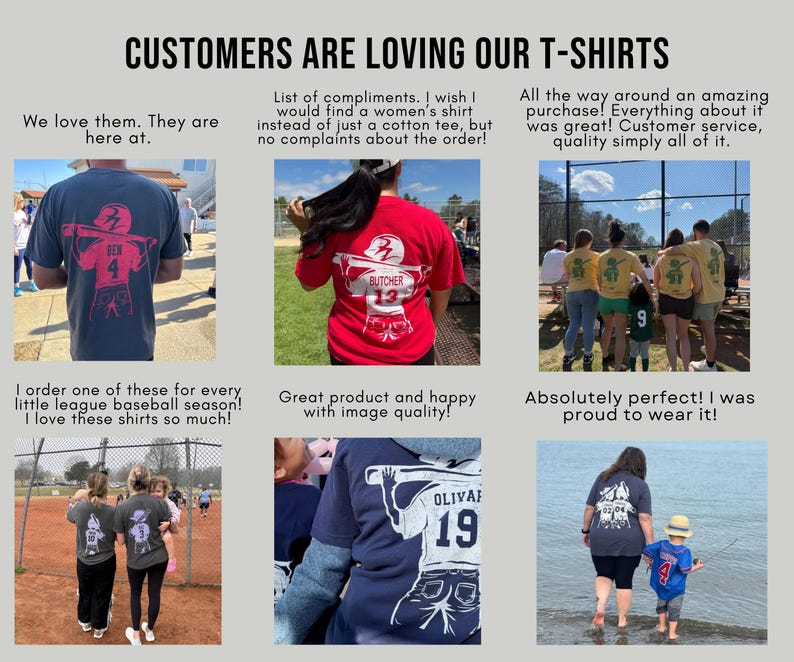 May include: A collection of t-shirts with baseball-themed graphics. The shirts are in various colors, including navy, red, and yellow. The text on the shirts includes names and numbers. The image also includes customer testimonials.