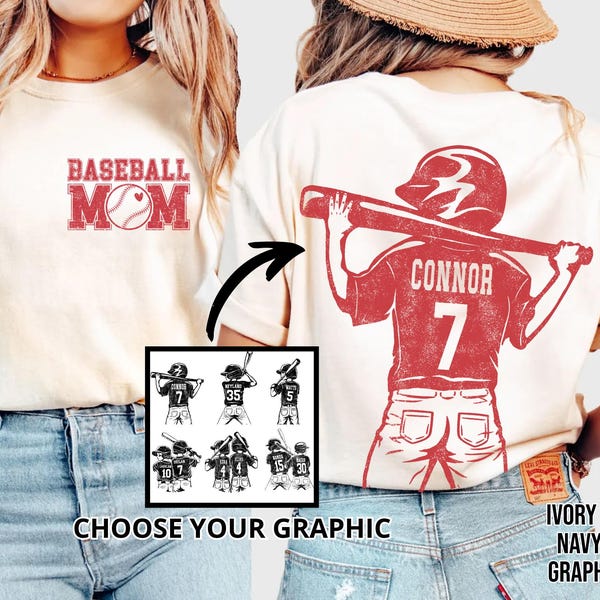 Camiseta de béisbol personalizada Comfort Colors© para mamás, con opción de gráfico de jugador de béisbol, camiseta de béisbol con tu nombre y número, camiseta para mamás para el día del partido.