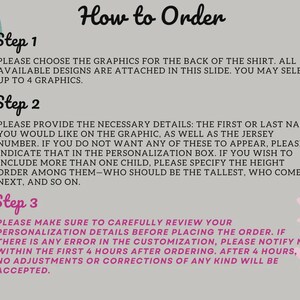 May include: A light grey graphic with the words "How to Order" in a handwritten font. The image details the steps for ordering a custom shirt, including choosing graphics, providing details, and reviewing the order.