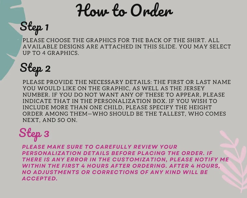 May include: A light grey graphic with the words "How to Order" in a handwritten font. The image details the steps for ordering a custom shirt, including choosing graphics, providing details, and reviewing the order.