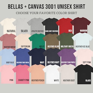 May include: A selection of Bella + Canvas 3001 unisex t-shirts in a range of colours. The available colours include Natural, Silver, Athletic Heather, Dark Grey Heather, Red, Maroon, Heather Mauve, Softcream, Kelly, Heather Olive, Military Green, Heather Ice Blue, Baby Blue, Heather True Royal, Navy, Heather Navy, Heather Team Purple, Soft Pink, Pink, Charity Pink, Heather Peach, White, Heather Dust, and Black.