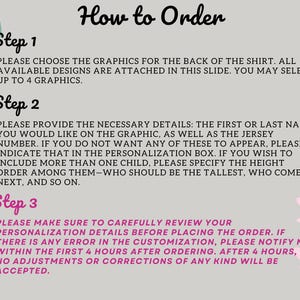 May include: A light gray graphic with the words "How to Order" in a handwritten font. The image details the steps for ordering a custom shirt, including choosing graphics, providing details, and reviewing personalization.