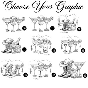 May include: A set of 17 different graphic designs featuring cowboy boots and cocktails. The designs are black and white and are numbered 10 through 17.