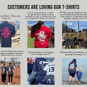 May include: A selection of baseball-themed t-shirts in navy, red, and yellow. The shirts feature player names and numbers. The image also includes customer reviews and the text 'CUSTOMERS ARE LOVING OUR T-SHIRTS'.