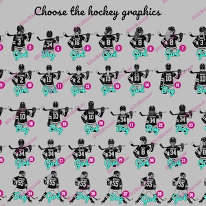 Pode incluir: Gr&aacute;ficos com tema de h&oacute;quei, com jogadores em camisas pretas com n&uacute;meros brancos. Cada gr&aacute;fico inclui um nome e um n&uacute;mero, com op&ccedil;&otilde;es para "Menino" ou "Menina". O texto "Choose the hockey graphics" est&aacute; no topo.