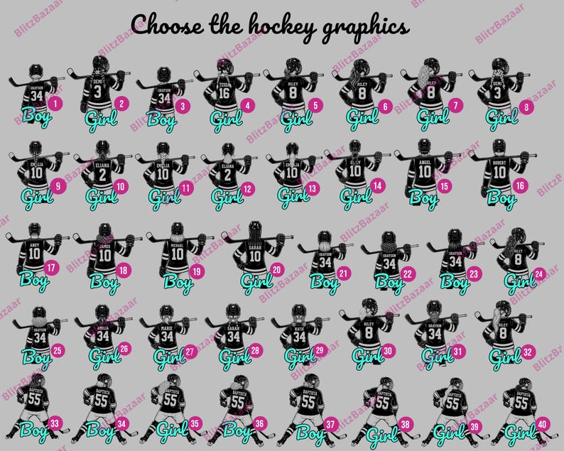 Pode incluir: Gr&aacute;ficos com tema de h&oacute;quei, com jogadores em camisas pretas com n&uacute;meros brancos. Cada gr&aacute;fico inclui um nome e um n&uacute;mero, com op&ccedil;&otilde;es para "Menino" ou "Menina". O texto "Choose the hockey graphics" est&aacute; no topo.