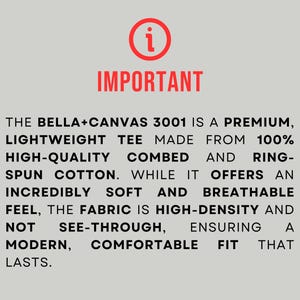 May include: A light gray graphic with the word "IMPORTANT" in red, above text describing a premium, lightweight tee made from combed and ring-spun cotton. The text highlights the soft, breathable feel and high-density fabric.