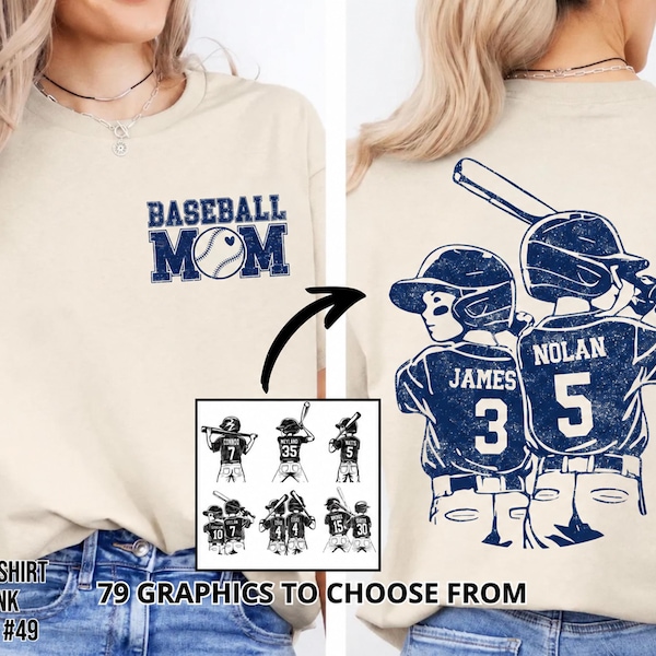 May include: A beige t-shirt featuring navy blue graphics. The front displays the text BASEBALL MOM with a baseball icon. The back shows two baseball players in helmets with the names JAMES and NOLAN and the numbers 3 and 5.