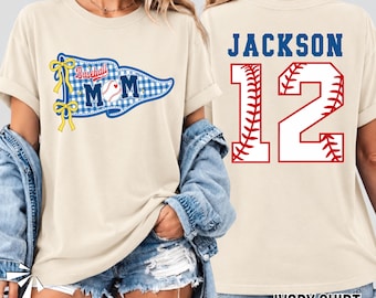 Comfort Colors® Custom Baseball Mom Shirt, Custom Pennant Design, Gingham Pennant Baseball Mom Tee, Preppy Baseball Mama Tee