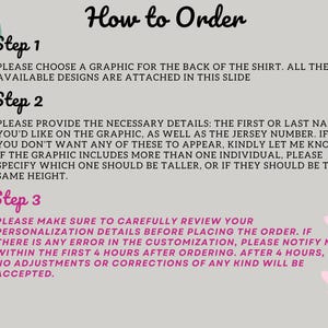May include: An instructional graphic titled How to Order with three steps. Step 1 asks to choose a graphic. Step 2 requests a name and jersey number for the design. Step 3 advises reviewing personalization details within four hours of ordering.