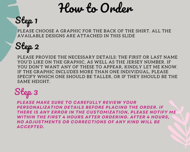 May include: An instructional graphic titled How to Order with three steps. Step 1 asks to choose a graphic. Step 2 requests a name and jersey number for the design. Step 3 advises reviewing personalization details within four hours of ordering.