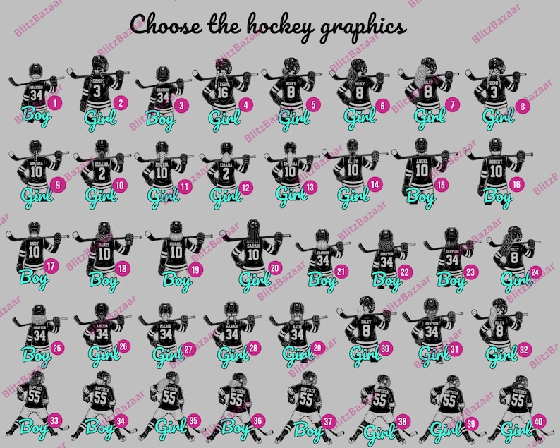 May include: A selection of hockey player graphics in black jerseys, each with a different number. The graphics are labelled with either "Boy" or "Girl" in teal, with the text "Choose the hockey graphics" at the top.
