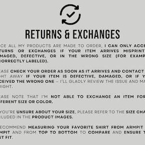 Pode incluir: Imagem com o texto "RETURNS & EXCHANGES" e um &iacute;cone de visto. O texto explica a pol&iacute;tica de devolu&ccedil;&atilde;o para itens mal impressos, danificados ou com tamanho incorreto. Os clientes s&atilde;o aconselhados a verificar os pedidos e entrar em contato com o vendedor.