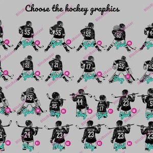 Pode incluir: Gr&aacute;ficos de h&oacute;quei com jogadores em uniformes em preto e branco com diferentes n&uacute;meros de camisa. O texto "Choose the hockey graphics" est&aacute; no topo, com as palavras "Girl" e "Boy" abaixo de alguns jogadores.