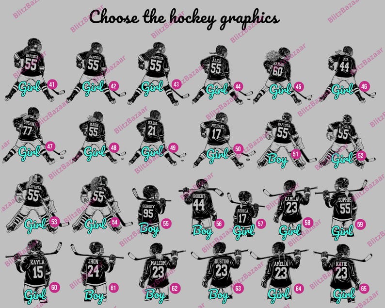 Pode incluir: Gr&aacute;ficos de h&oacute;quei com jogadores em uniformes em preto e branco com diferentes n&uacute;meros de camisa. O texto "Choose the hockey graphics" est&aacute; no topo, com as palavras "Girl" e "Boy" abaixo de alguns jogadores.