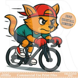 Cycling Cat PNG, Fierce Cartoon Cat on Bike, Sports Animal Clipart for Kids Fitness Shirts, Fun Biker Sublimation File for Printing