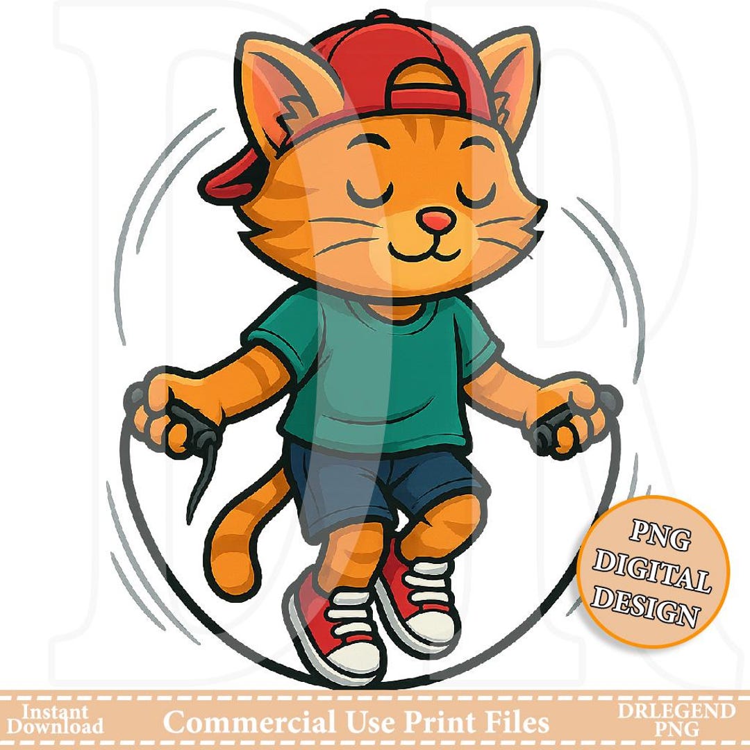 Cute Jump Rope Cat PNG for Kids Gym Shirt – Fitness Cartoon Cat Clipart ...
