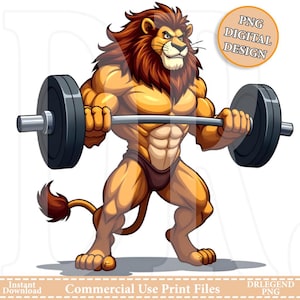Muscular Lion Holding Barbell – Powerful Animal Strength Cartoon Illustration – Digital Art PNG, SVG, PDF for Shirts, Stickers, and More