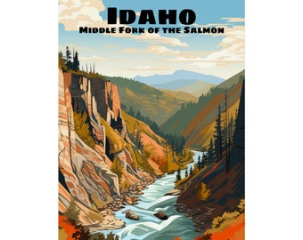 Middle Fork of the Salmon - Idaho Poster 11 - Fly Fishing, Whitewater Rafting, Mountains, Fishing, Retro, Travel, Vector Art, Unframed