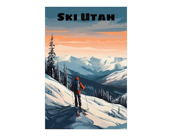 Ski Utah Poster 3 - Skifahren, Berge, Skitouren, Wildnis, Winter, Schnee, Retro, Reisen, Vektorgrafiken
