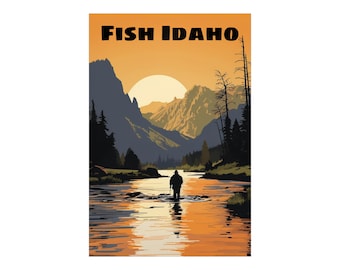 Fish Idaho Poster 4 - Fly Fishing, Mountains, Fishing, Retro, Travel, Vector Art