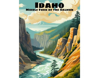 Middle Fork of the Salmon - Idaho Poster 10 - Fly Fishing, Whitewater Rafting, Mountains, Fishing, Retro, Travel, Vector Art, Unframed