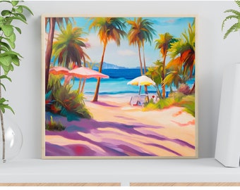 Beach Coastal Oil Painting Portrait Wall art Holiday theme vacation Landscape art Digital Download Home decor Instant download Ai art print