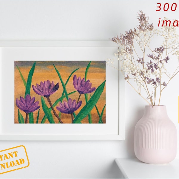 Flowers in a field handmade acrylic painting, Purple Flower Print, Plant Print, Sunset, Digital Download, Instant Downloads, Printable items