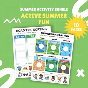May include: A 10-page summer activity bundle featuring printable worksheets. One sheet titled Road Trip Sorting includes columns for clothes and toys. Another sheet titled Summer Sports Action features illustrations of tennis, football, swimming, basketball, badminton, and cycling.