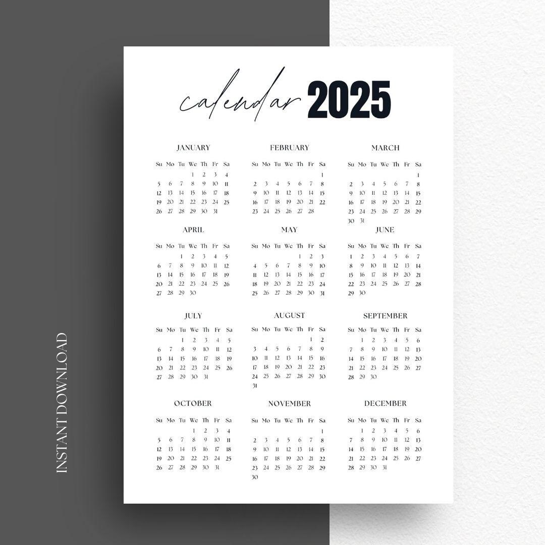 2025 Printable Calendar Digital Yearly Calendar PDF, Instant Download