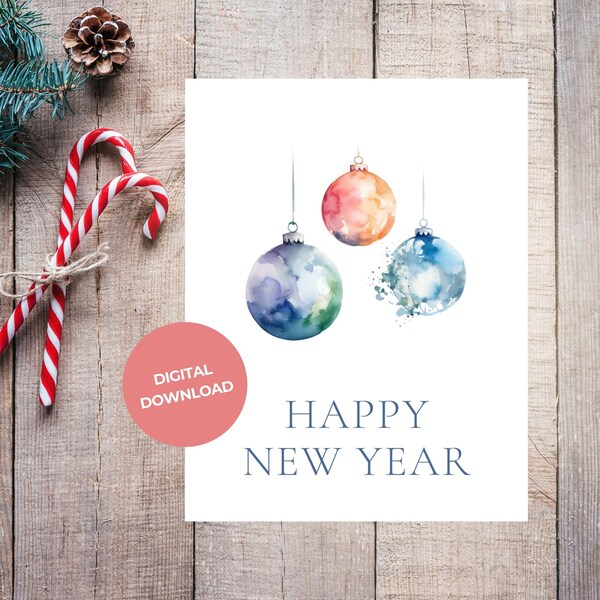 Watercolor Happy New Year Postcard: New Year Greeting Card - Digital Download DIY Holiday Card Printable