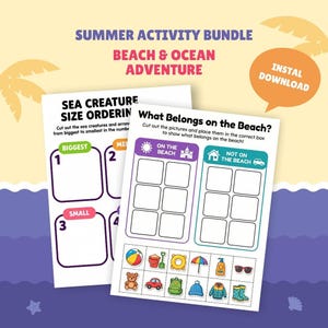 May include: A summer activity bundle titled Beach & Ocean Adventure featuring two printable worksheets. One sheet is for sea creature size ordering, and the other is a sorting activity titled What Belongs on the Beach? with various colourful icons.