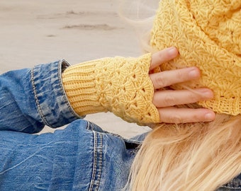 PDF Anleitung für Beanie und Handschuhe häkeln. Häkelanleitung für Armstulpen. Anleitung für gehäkelte Mützen.