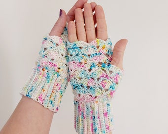 Patrón de guantes sin dedos de unicornio. Patrón de mitones de crochet. Mitones de lana Lana Grossa.