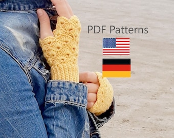 Mitaines au crochet, motif en allemand et terminologie américaine. Modèle de crochet facile. Tutoriel de crochet pour les mitaines.